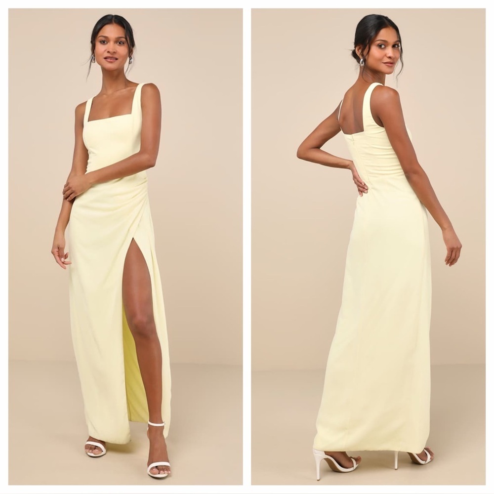 Lulus Glamorous Disposition Light Yellow Ruched Maxi Dress